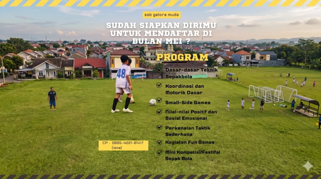 Poster program latihan sepak bola anak di SSB Gelora Muda untuk pendaftaran bulan Mei.